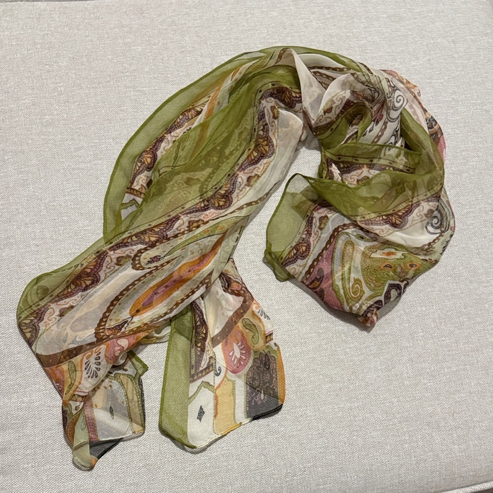 Gorgeous Fall Must Have-Sheer Scarf-Paisley -Greens/Purples/Pinks-Gently Used